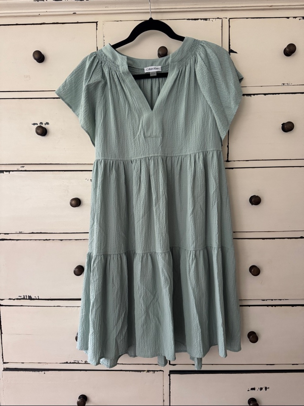 Calvin Klein Sage Green Tiered V-Neck Midi Dress